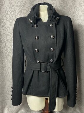Black Rivet Black Double-Breasted Military Belted Pea Coat Jacket. Sz S
